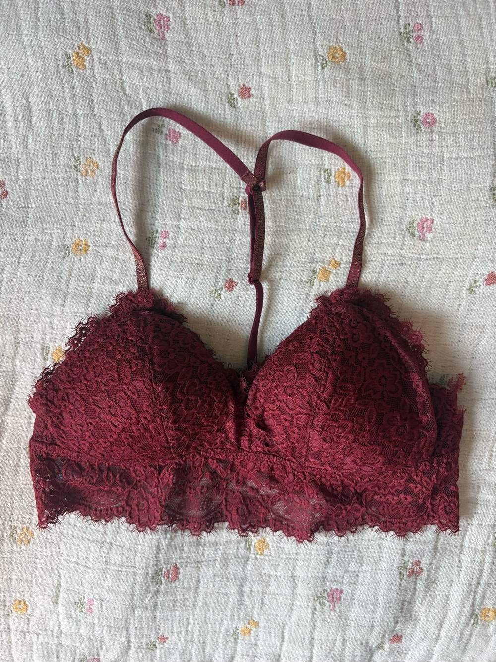 Aerie Floral Lace Sparkly Bralette Burgundy